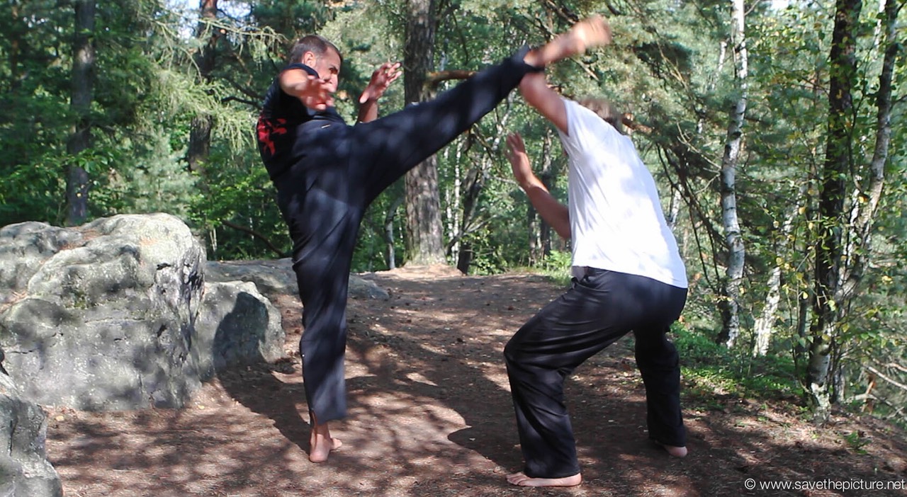 Taikiken mawashi geri block with Elbow lift